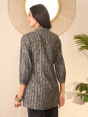 Women grey cotton blend ethnic motifs printed regular top 4