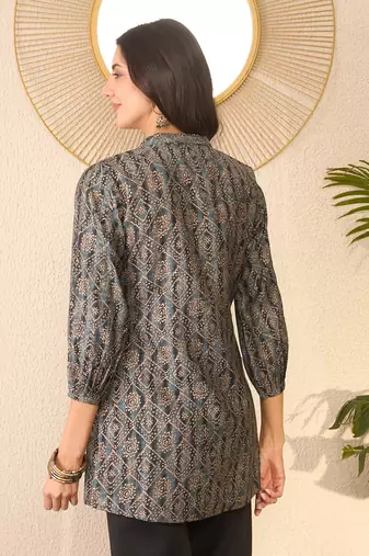 Women grey cotton blend ethnic motifs printed regular top