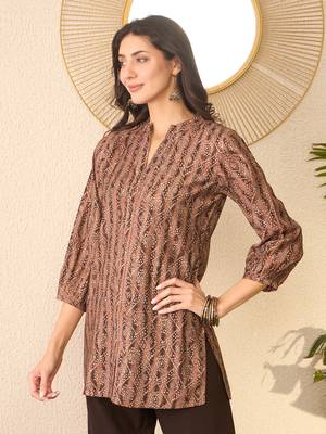 Women brown cotton blend ethnic motifs printed regular top 3
