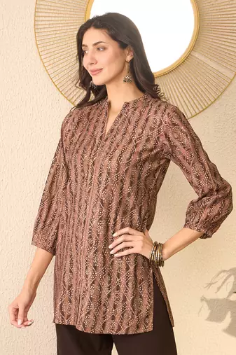 Women brown cotton blend ethnic motifs printed regular top