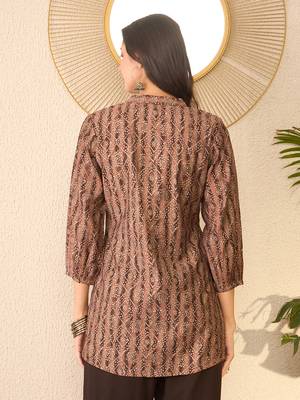 Women brown cotton blend ethnic motifs printed regular top 4