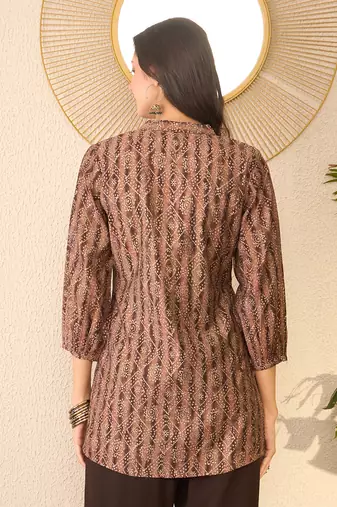 Women brown cotton blend ethnic motifs printed regular top