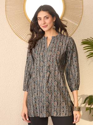Women grey cotton blend ethnic motifs printed regular top 5