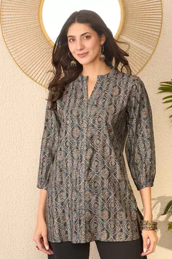 Women grey cotton blend ethnic motifs printed regular top