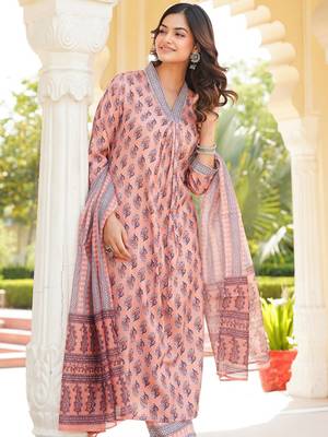 Women peach rayon blend ethnic motifs printed straight kurta trousers with dupatta 1
