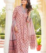 Women peach rayon blend ethnic motifs printed straight kurta trousers with dupatta