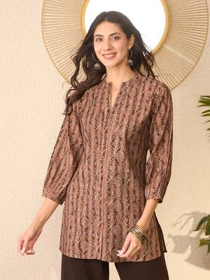 Women brown cotton blend ethnic motifs printed regular top 5