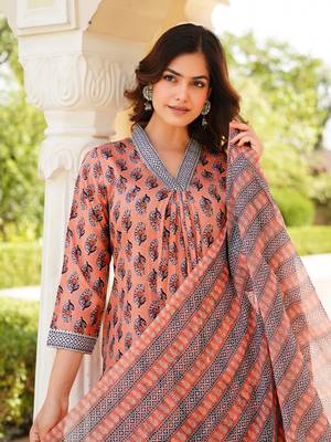 Women peach rayon blend ethnic motifs printed straight kurta trousers with dupatta 2