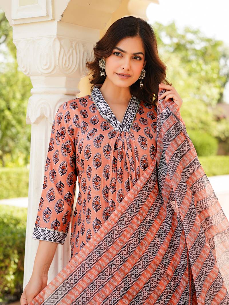 Women peach rayon blend ethnic motifs printed straight kurta trousers with dupatta