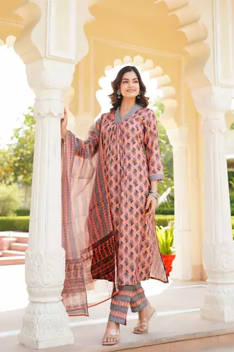 Women peach rayon blend ethnic motifs printed straight kurta trousers with dupatta