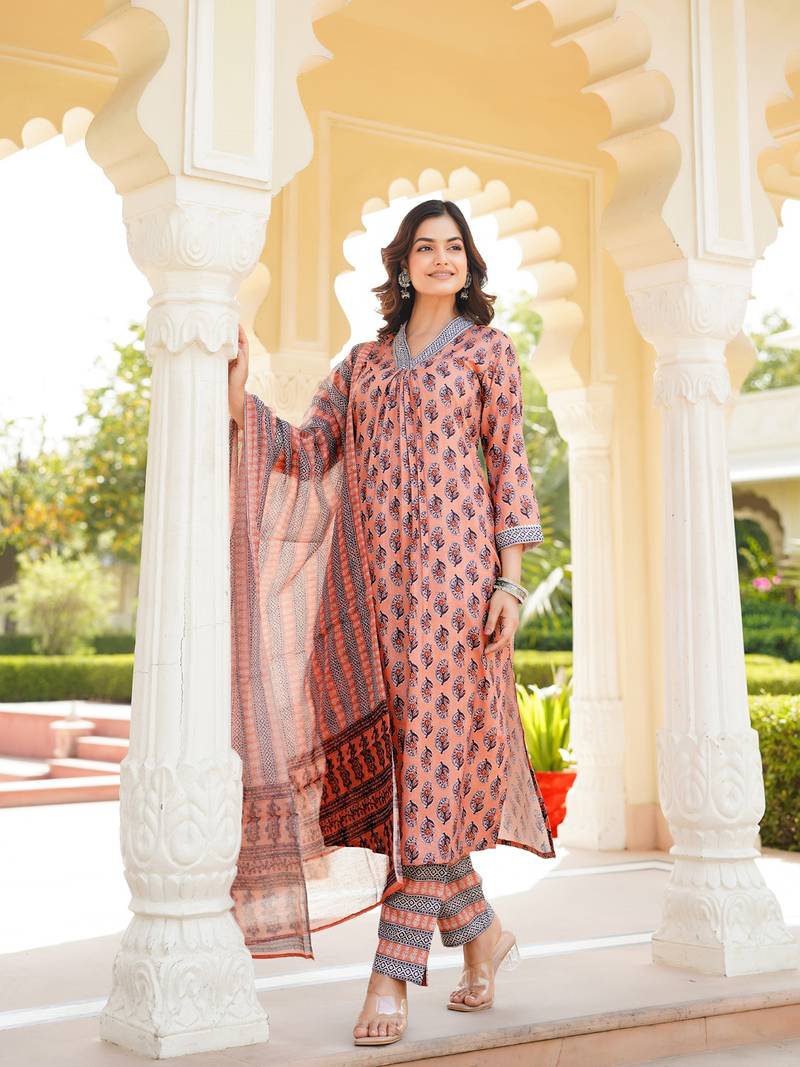 Women peach rayon blend ethnic motifs printed straight kurta trousers with dupatta