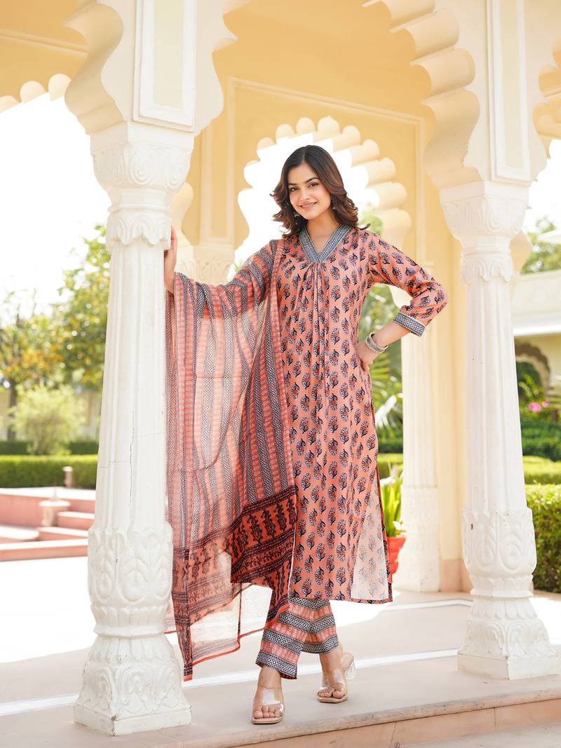Women peach rayon blend ethnic motifs printed straight kurta trousers with dupatta