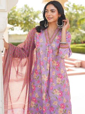 Women purple rayon blend floral printed straight kurta trousers with dupatta 1