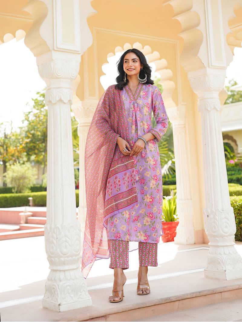 Women purple rayon blend floral printed straight kurta trousers with dupatta