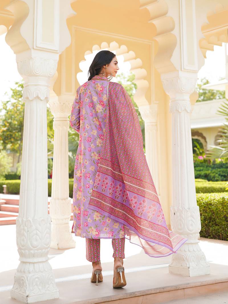Women purple rayon blend floral printed straight kurta trousers with dupatta