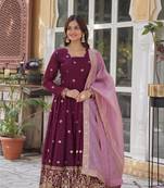 Wine georgette zari sequins embroidered flared gown with heavy dupatta