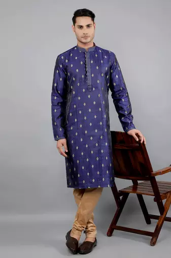    navy colour woven design kurta sets