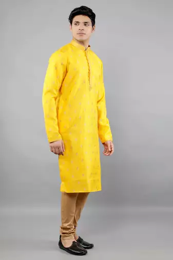    yellow colour woven design kurta sets
