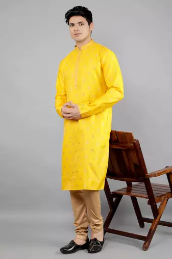   yellow colour woven design kurta sets