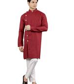 Manish creations men's maroon colour woven design kurta sets