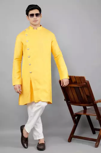    yellow colour woven design kurta sets