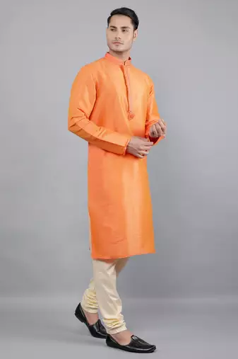    orange colour woven design kurta sets