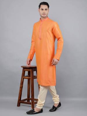    orange colour woven design kurta sets 5