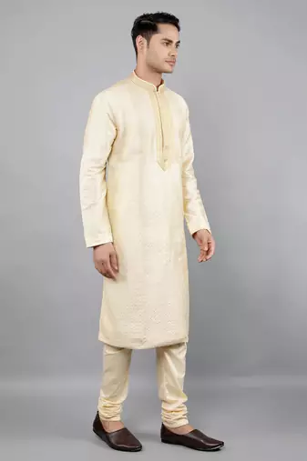   fawn colour woven design kurta sets