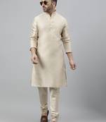 Beige polyester silk solid kurta churidar set