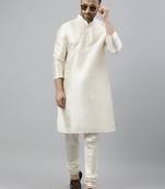 Cream polyester silk solid kurta churidar set