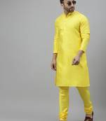 Yellow polyester silk solid kurta churidar set