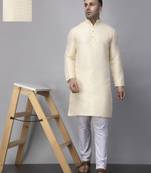 Cream polyester viscose jacquard kurta  pyjama set