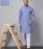 Blue polyester viscose jacquard kurta  pyjama set