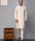 Cream polyester viscose jacquard kurta  pyjama set
