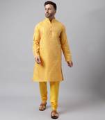 Yellow polyester viscose jacquard  kurta pyjama set
