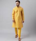Yellow polyester viscose jacquard  kurta pyjama set
