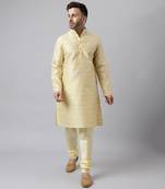 Cream polyester viscose rayon jacquard  kurta pyjama set