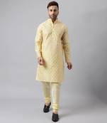 Cream polyester viscose rayon jacquard  kurta pyjama set