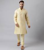 Cream polyester viscose rayon jacquard  kurta pyjama set