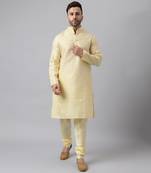 Cream polyester viscose rayon jacquard  kurta pyjama set