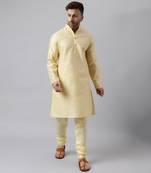 Cream polyester viscose rayon jacquard  kurta pyjama set