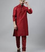 Maroon polyester silk solid kurta churidar set