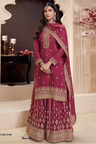 Pink heavy embroidery semi stitched wedding palazzo suits