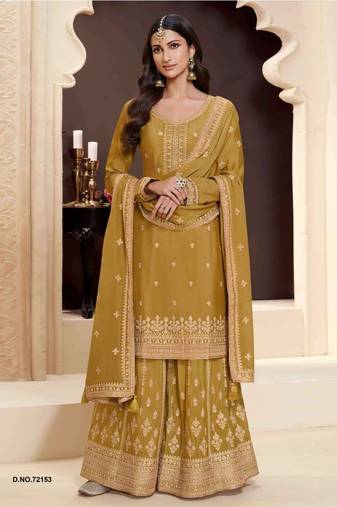 Yellow heavy embroidery semi stitched wedding palazzo suits