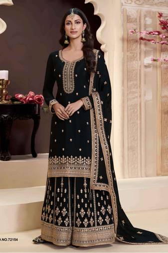 Black heavy embroidery semi stitched wedding palazzo suits