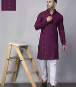 Purple rayon viscose embroidered kurta pyjama set