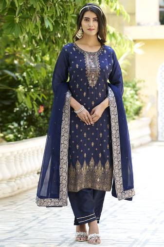 Navy blue viscose reyon embroidered salwar suit