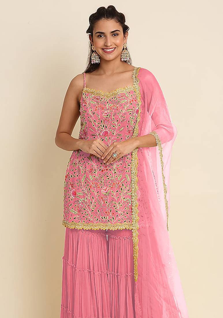 Pink faux georgette embroidered sequins work readymade salwar kameez