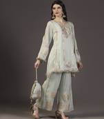 Mystic green leather applique and neem zari hand embroidered tissue kurta sets of 3