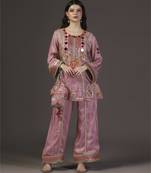 Pink aura mirror and resham hand embroidered tissue kurta sets of 3